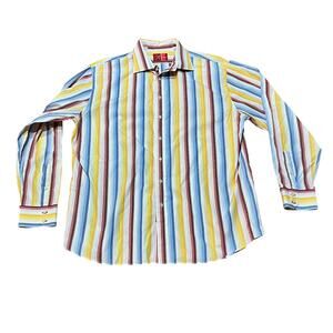 Rufus Mens Button Down Long Sleeve Dress Shirt Striped SZ L French cuff